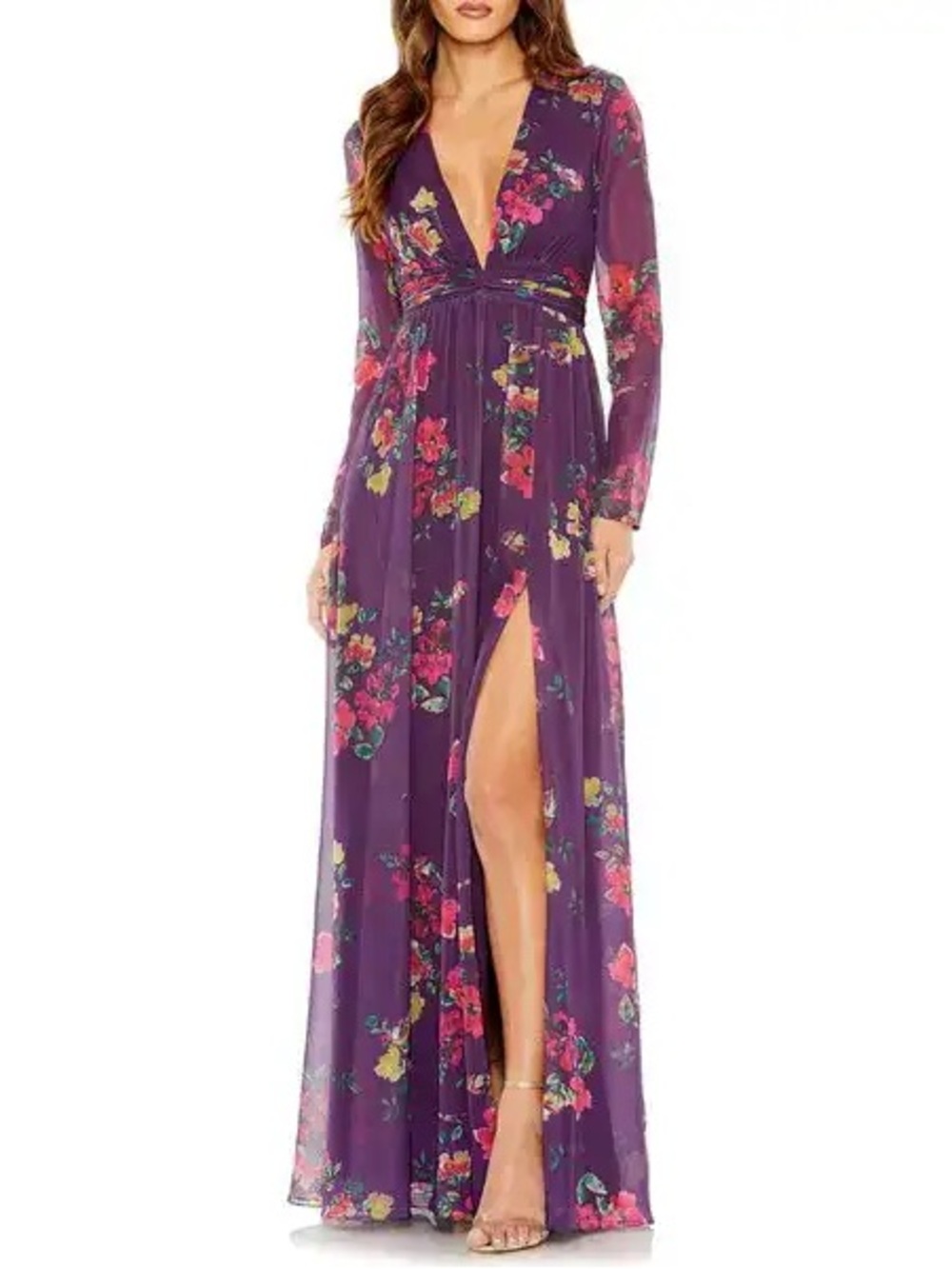 Mac Duggal Lena Floral Plunge Neck Purple Maxi Dress with High Slit